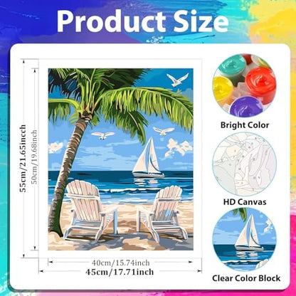 xcemhil Beach Paint by Numbers Kit for Adults, Paint by Number Palm Tree, Seaside Paint by Numbers Kit for Adults Beginner for Gift and Home Wall Decor 16x20 Inch - Image 2