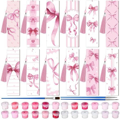 Kosiz 12 Pcs Pink Bow Paint by Number Kit for Adult Wood Bookmark by Kosiz