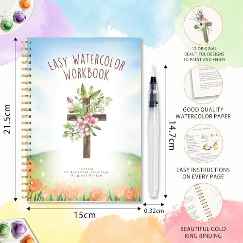 Christian Gift, Christian Cross Watercolor Workbook, Floral Cross Water Coloring Book with 12 Different Floral Paintings Designs, Watercolor Book with Water Paintbrush, Relaxing Art for Beginners - Image 2