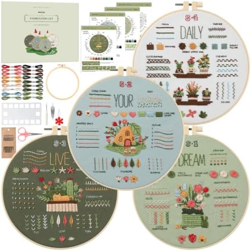 Snuvid Embroidery Kit for Beginners, 4 Stages to Learn 38 Stitches with Step-by-Step Video Tutorials, Pre-Printed Patterns, Embroidery Hoop, Threads and Needles for Adults by Unknown