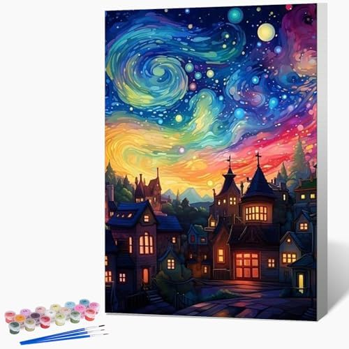 Framed Paint by Numbers Kit for Adults Beginner & Kids Ages 8-12, Starry Night Paint by Number with Frame, Acrylic Abstract Landscape Painting by Numbers Kit on Canvas 8x12 inch for Home Wall Decor by Fountor
