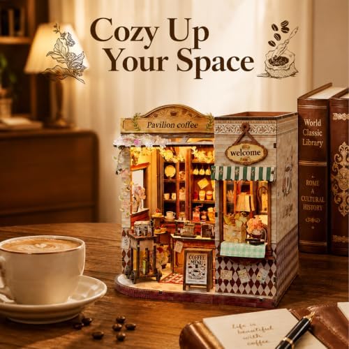 Book Nook DIY Miniature House Kit, 3D Wooden Puzzle Coffee House Dollhouse with Light & Tools, Creative Bookshelf Insert Craft Gifts for Adults Teens (Pavilion Coffee House) - Image 5