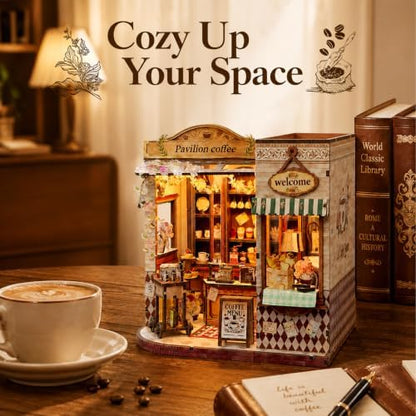 Book Nook DIY Miniature House Kit, 3D Wooden Puzzle Coffee House Dollhouse with Light & Tools, Creative Bookshelf Insert Craft Gifts for Adults Teens (Pavilion Coffee House) - Image 5