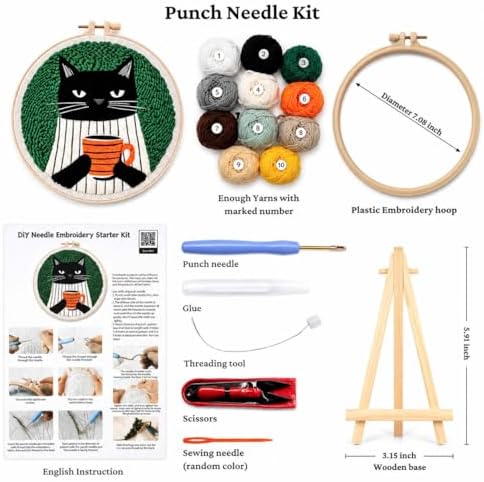 CELCRAFTIQUE Punch Needle Kits for Adults Beginner, Tool with Punch Needle Fabric, Hoops, Yarns and Sewing Needles (Coffee Cat) - Image 4