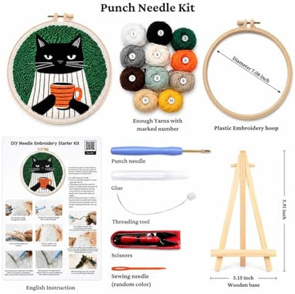 CELCRAFTIQUE Punch Needle Kits for Adults Beginner, Tool with Punch Needle Fabric, Hoops, Yarns and Sewing Needles (Coffee Cat) - Image 4