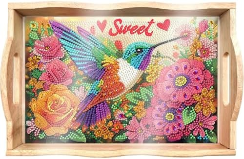 DOTSOPS 5D Bird Diamond Art Wooden Serving Tray with Handle for Adults by DOTSOPS