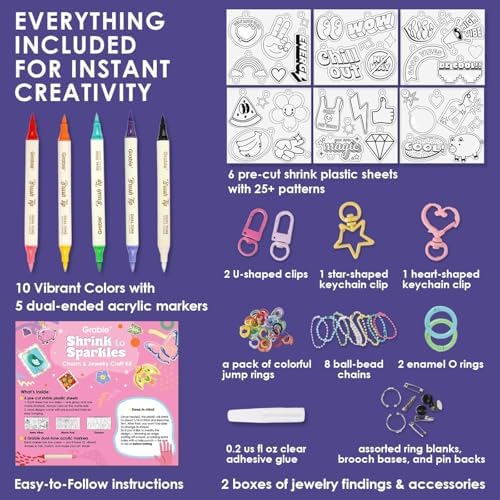 Grabie Shrink Art Craft Kit of 25+ Shapes, Markers & Charms, Retro Vibes - Image 3