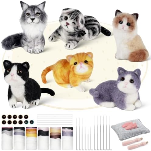 MOREJMTT Needle Felting Kit, 6 PCS Animal Needle Felting Beginner Kits, Wool Felt Needle Felting Tools Foam Pad, Craft Party Supplies for Beginners Adult(Cat Family) by MOREJMTT