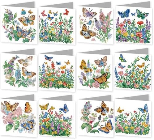 jinglinhh 12pcs Diamond Art Painting Butterfly Among Flowers Greeting Cards with Envelopes, DIY Card Making Kits for Adults, Diamond Art Christmas Cards for Birthday Holiday Gifts by Unknown