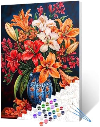 Lily Flowers DIY Paint by Numbers for Adults Colorful Blooming Flowers in Vase DIY Oil Painting Acrylic Paint Art Painting Kits Canvas with Acrylic Paint Floral Art 16x20 Inch （without Frame ） by Tucocoo