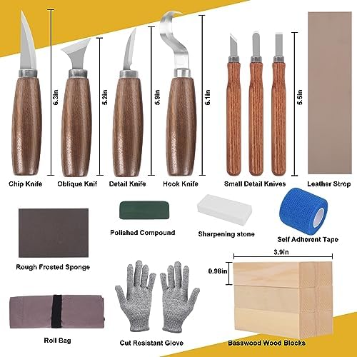 Wood Carving Kit, Wood Carving Tools Set with Wood Carving Knives Detail Knives Blocks Gloves Whittling Kit for Beginners Adults Kids Woodworking Tools for Spoon, Bowl, Kuksa Cup (26PCS) - Image 2