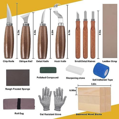 Wood Carving Kit, Wood Carving Tools Set with Wood Carving Knives Detail Knives Blocks Gloves Whittling Kit for Beginners Adults Kids Woodworking Tools for Spoon, Bowl, Kuksa Cup (26PCS) - Image 2
