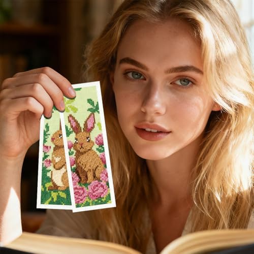 INFUNLY 6 Set Brown Rabbit DIY Cross Stitch Bookmark Kits for Adults Flowers Counted Cross Stitch Kit with Instructions Bunny Stamped Embroidery Bookmark Kit for Book Lovers Readers Gift - Image 7
