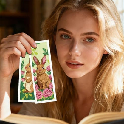 INFUNLY 6 Set Brown Rabbit DIY Cross Stitch Bookmark Kits for Adults Flowers Counted Cross Stitch Kit with Instructions Bunny Stamped Embroidery Bookmark Kit for Book Lovers Readers Gift - Image 7