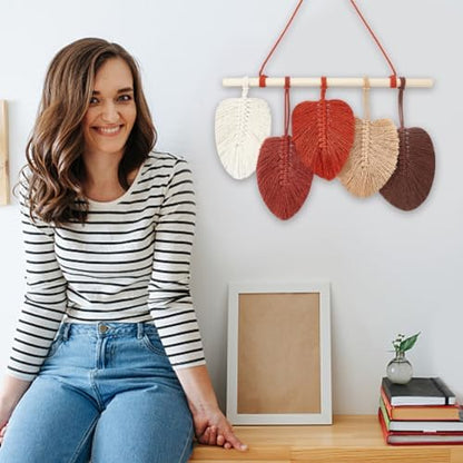 FREEBLOSS 2 Set DIY Macrame Leaf Wall Hanging Kit Macrame Feather Wall Art 10 Colors Cotton Cords 30cm Macrame Kit with Instruction Macrame Wall Tapestry for Bedroom Birthday Gift - Image 6
