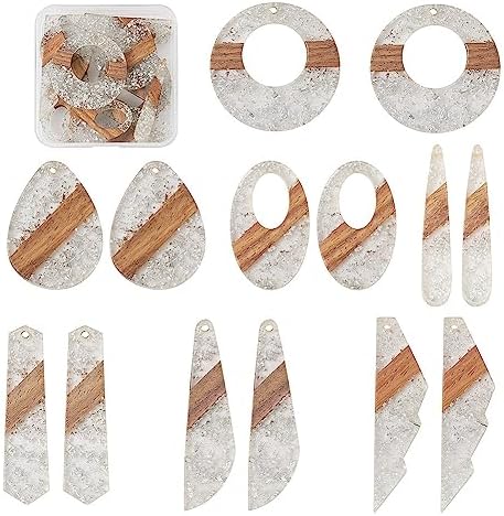 FASHEWELRY 14Pcs Resin Wood Earring Charms - Silver Foil Wooden Earring Blanks - Geometry Boho Charms - Round & Teardrop Pieces for Jewelry Making by FASHEWELRY