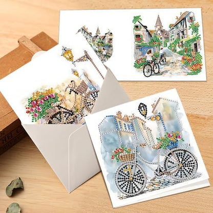 MVVMTOP 6pcs Diamond Art Painting Greeting Card, DIY House and Bicycle Diamond Art Greeting Card for Blessing and Wishe Special Shaped Diamond Arts Crafts for Birthday Thanksgiving Day - Image 6