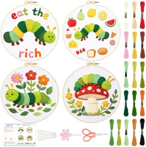 BEUNITONE 4 Set Embroidery Kits for Beginners with Easy Caterpillar Pattern, DIY Craft Kits Include Instructions and 2 Embroidery Hoops, Cross Stitch Needlepoint Kits for Craft Lover and Home Decor by BEUNITONE