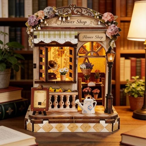 Book Nook Kit, DIY 3D Wooden Puzzles for Adults Teens Beginners, Miniature Doll House Tiny House Kit with led Lights for Bookshelf Decor Gifts for Bookish Bookworm,Birthday,Family,Friends (Flower) - Image 2
