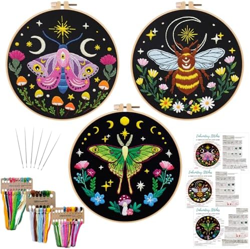 Nuberlic 3 Pack Embroidery Kit for Beginners, Moth and Bee Patterns by Nuberlic