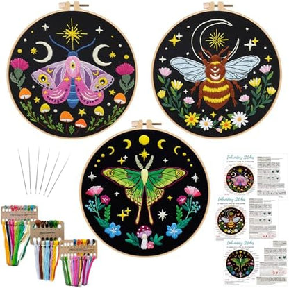 Nuberlic 3 Pack Embroidery Kit for Beginners, Moth and Bee Patterns by Nuberlic