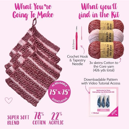KnitPal Dishcloth Crochet Kit for Beginners (Cherry Red + Blush Pink) - Image 3