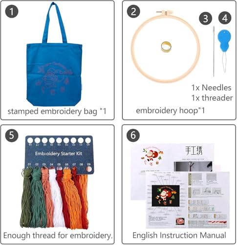 CREAWONDER Canvas Tote Bag Embroidery Kit with Pattern for Beginners, Arts and DIY Embroidery Crafts Kits for Adults, Include Instructions, Thimble, Embroidery Hoops, Color Threads and Tool - Image 4