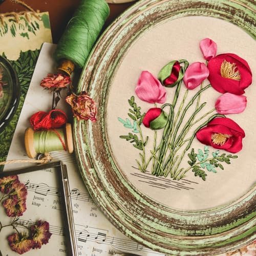 FONNUY Ribbon Embroidery 3D Flowers Pattern Design Kit Embroidery DIY Handwork Set Oval Home Decoration (Red Rose) - Image 3