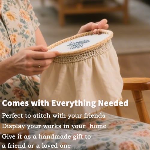 FONNUY Embroidery Kit for Beginners, Brightly Colored Landscape Lake Pre-Stamped Pattern Kits for Adults with Hoop, Easy to Follow Color Thread Needlework, 8'' Hoop (Darkblue) - Image 3