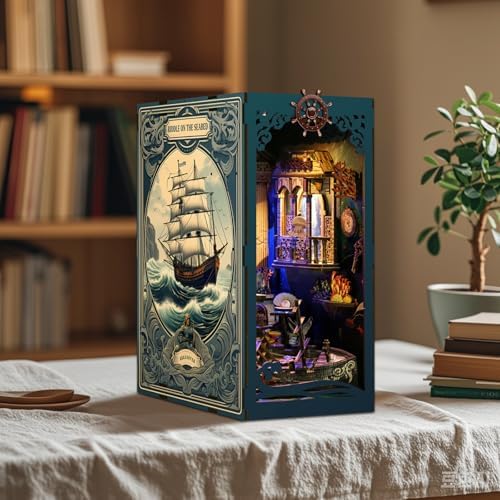 Mystic Ocean Diorama Book Nook - 3D LED Seafloor Decor with Shipwheel, Coral & Crystal Ball for Shelf Display - Image 4