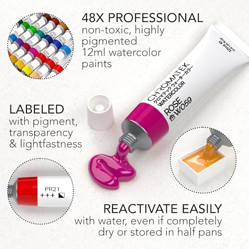 CHROMATEK Watercolor Paint Set - 84 Piece Kit for Adults, Beginner & Professional Artists - 48 Tubes (12ml), 25 Page Sketch Paper Pad, 8 Painting Brushes, Aquapen, Palette, Masking Tape - Art Supplies - Image 5