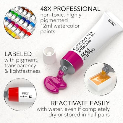 CHROMATEK Watercolor Paint Set - 84 Piece Kit for Adults, Beginner & Professional Artists - 48 Tubes (12ml), 25 Page Sketch Paper Pad, 8 Painting Brushes, Aquapen, Palette, Masking Tape - Art Supplies - Image 5