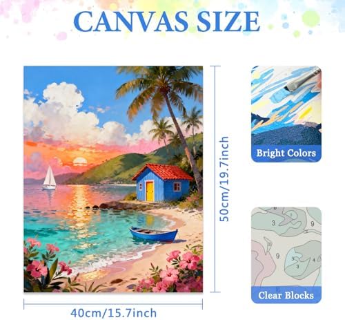 MIRCVSH Scenery Paint by Numbers Kit for Adults Beginner,Beach Cottage Landscape Paint by Number Kits on Canvas,DIY Unframed Acrylic Watercolor Painting by Number for Home Decor Gift 16x20 Inch. - Image 2