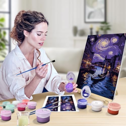 JOOZ Paint by Numbers Kit for Adults with Frame, Starry Night Paint by Numbers with Easel, DIY Town River Boat Paint by Numbers Landscape for Home Wall Decor 8 x 12 Inch - Image 4