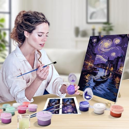 JOOZ Paint by Numbers Kit for Adults with Frame, Starry Night Paint by Numbers with Easel, DIY Town River Boat Paint by Numbers Landscape for Home Wall Decor 8 x 12 Inch - Image 4