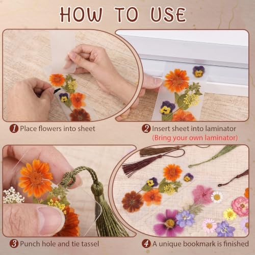 182 Pcs Pressed Flower Bookmark Making Kit, 30 Laminating Pouches with 120 Dried Flowers, 30 Tassels, Tweezer and Punch, Party DIY Crafts Bookmark for Reading Women Kids - Image 4
