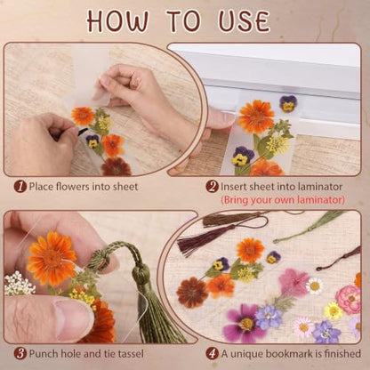 182 Pcs Pressed Flower Bookmark Making Kit, 30 Laminating Pouches with 120 Dried Flowers, 30 Tassels, Tweezer and Punch, Party DIY Crafts Bookmark for Reading Women Kids - Image 4