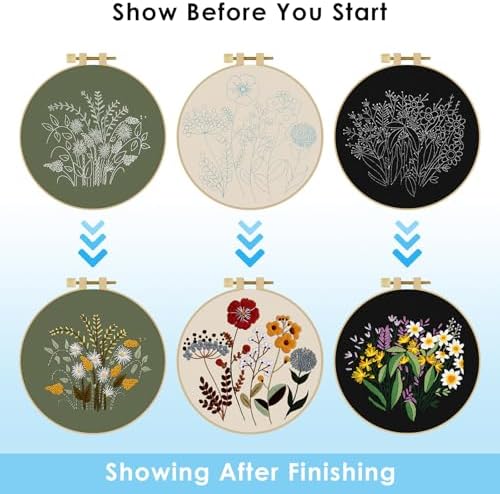 ERKOON 3 Sets Embroidery Kit, Floral Cross Stitch Set for Include Embroidery Cloth Hoops Threads for Craft Lover Hand Stitch (Plants & Flowers) - Image 4
