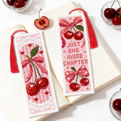 INFUNLY 6PCS Pink Cherry Cross Stitch Bookmark Kit for Adults 8.5"×3" Stamped Embroidery Bookmark Kit Bow DIY Bookmark Cross Stitch Kits with Instruction for Book Lovers Reader Writers - Image 5