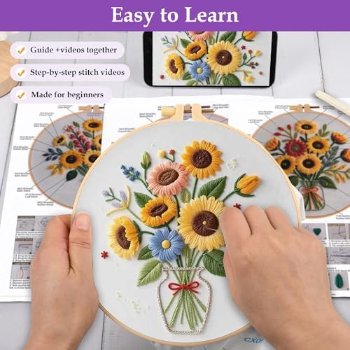 Uniartfy 3 Sets Sunflower Embroidery Kits for Beginners, Needlepoint Kits for Adults, Cross Stitch Kit with Cloth, Hoop, Threads and Instruction, Easy to Learn Embroidery Starter Kit for Craft Lover - Image 3