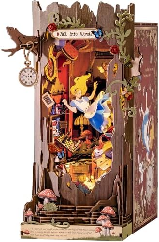 Rolife Book Nook Kit Fall into Wonder 3D Wooden Puzzles 9.9" Wonderland Booknooks DIY Miniature Kit with LEDs Fairy Tale Bookshelf Decor Craft for Adults Gift for Mom Women Men by Rolife