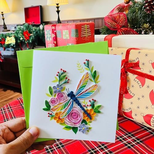 Quilling Cards, handmade card, quilled cards with Dedicated Paper, quilling birthday cards for women or all occasions: Mother's day, Greeting card, Birthday... daisy bouquet (Flowers with dragonfly) - Image 4
