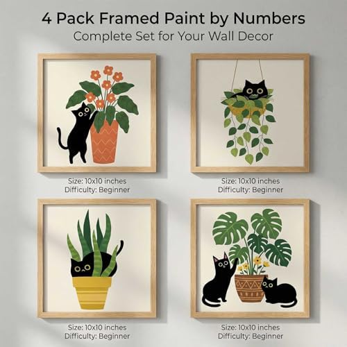 Amphol Framed Paint by Numbers Kit for Adults - 10x10 Inch Easy 4 Pack Potted Cat Framed Canvas Paint by Number for Beginners, DIY Acrylic Oil Painting Kits with Frame for Home Wall Decor Gift - Image 2