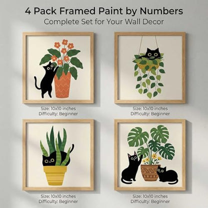 Amphol Framed Paint by Numbers Kit for Adults - 10x10 Inch Easy 4 Pack Potted Cat Framed Canvas Paint by Number for Beginners, DIY Acrylic Oil Painting Kits with Frame for Home Wall Decor Gift - Image 2