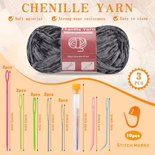 LUNARM Chenille Yarn 3 Pack 3.5oz Chunky Blanket Velvet Yarn 263 Yard - Image 2