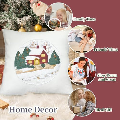 FONNUY Christmas Embroidery Kit for Beginners, Throw Pillow Case Cross Stitch Set Winter Snow House Holly Tree Pattern for Adults, Hand Works Crafts Throw Pillow Cover, 18 x 18'' (Green) - Image 6