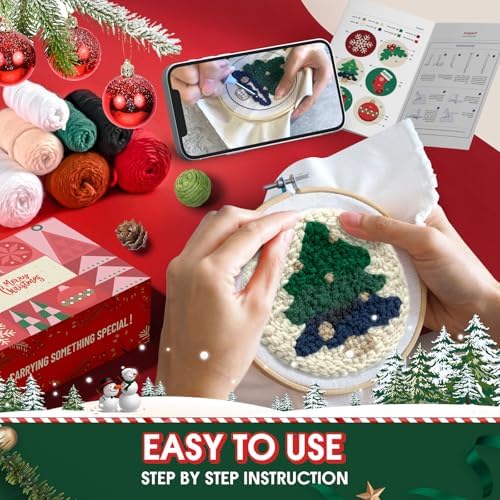 yuegool 6PCS Christmas Punch Needle Coasters Kit,Easy DIY Punch Needle Embroidery Kit for Beginners Adults Kids Including Patterns, Tools, Yarns, Hoop, Instruction, Coaster Holder Art Craft Supplies - Image 4