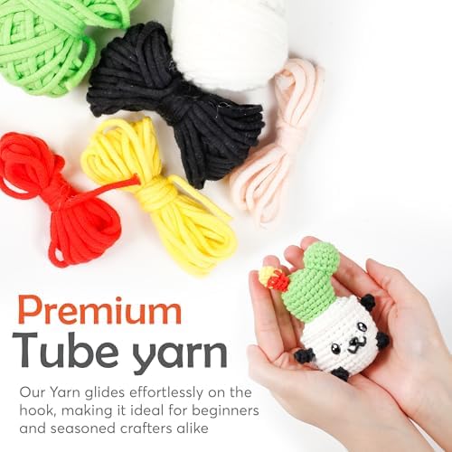 A-URA Learn to Crochet Kit for Beginners Kids and Adults, Premium Pattern Sunflower Beginner Crochet Kits with Easy Tube Yarn & Step-by-Step Video Tutorials (Panda Cactus Crochet Kits) - Image 2