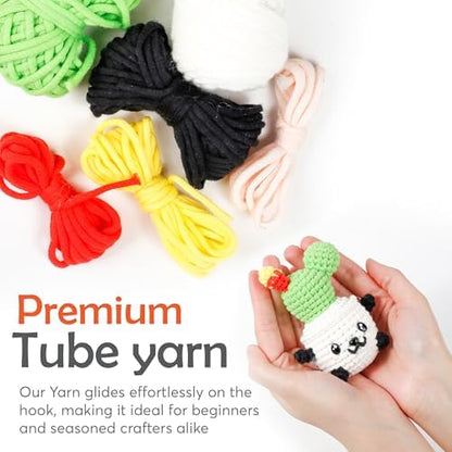 A-URA Learn to Crochet Kit for Beginners Kids and Adults, Premium Pattern Sunflower Beginner Crochet Kits with Easy Tube Yarn & Step-by-Step Video Tutorials (Panda Cactus Crochet Kits) - Image 2