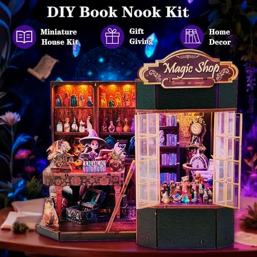 Magic Shop Book Nook Kit - DIY Miniature House Dollhouse Kit for Adult and Teens, Tiny House Bookshelf Decor 3D Wooden Puzzle with LED Lighting, Gifts for Family, Friends (Magic Shop) - Image 4